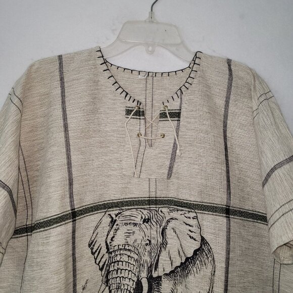 African Elephant Printed Kikoy Shirt Adult XL Beige Uganda Woven Hemp Pockets - Picture 2 of 12